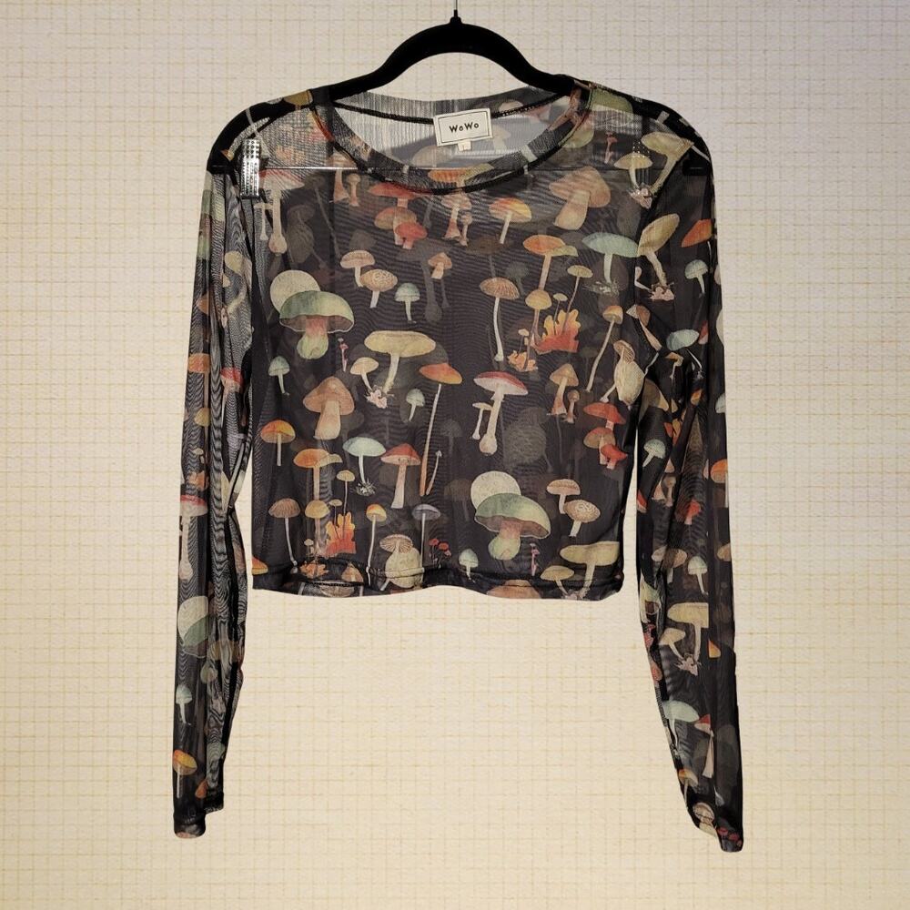 Witchy Fairy Black Mesh Crop Top WooWoo Mushroom Print Long Sleeve Large Women’s